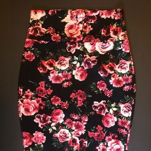 HOT PINK AND BLACK FLORAL LONG PENCIL SKIRT